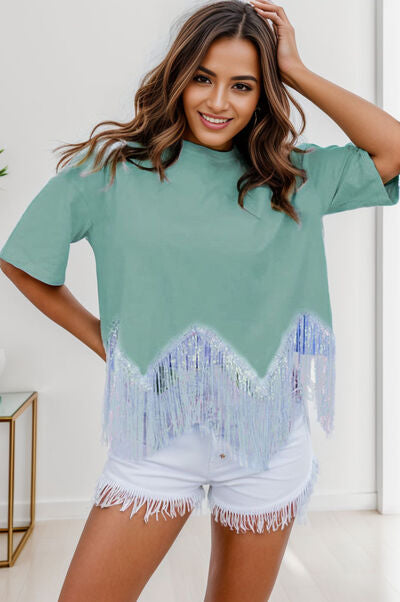 Fringe Round Neck Short Sleeve T-Shirt - Premium   - Just $33.95! Shop now at LACEDUPED