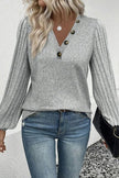 Decorative Button V-Neck Lantern Sleeve Blouse - Premium   - Just $32.95! Shop now at LACEDUPED