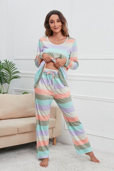 Striped Round Neck Long Sleeve Top and Drawstring Pants Lounge Set - Premium   - Just $53.95! Shop now at LACEDUPED