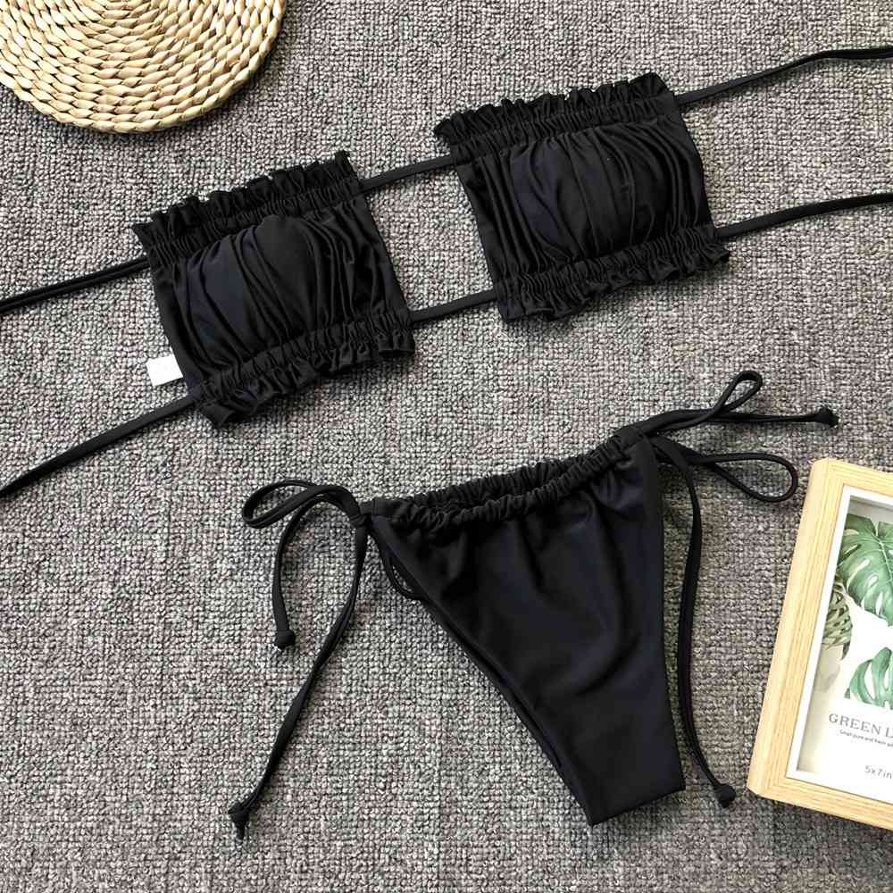 Frill Trim Ruched Bikini Set - Premium   - Just $33.95! Shop now at LACEDUPED