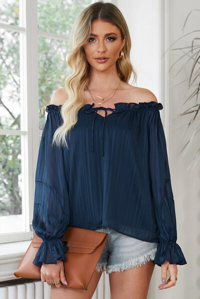 Frill Tied Off-Shoulder Flounce Sleeve Blouse - Premium   - Just $40.95! Shop now at LACEDUPED