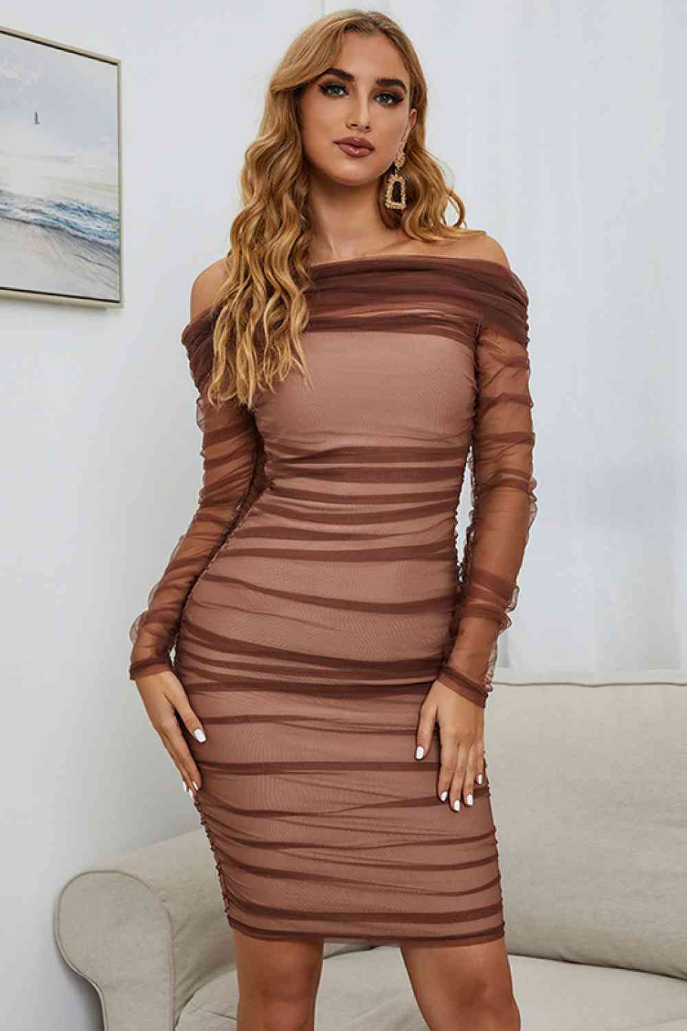 Off-Shoulder Ruched Long Sleeve Tulle Dress - Premium   - Just $135.95! Shop now at LACEDUPED