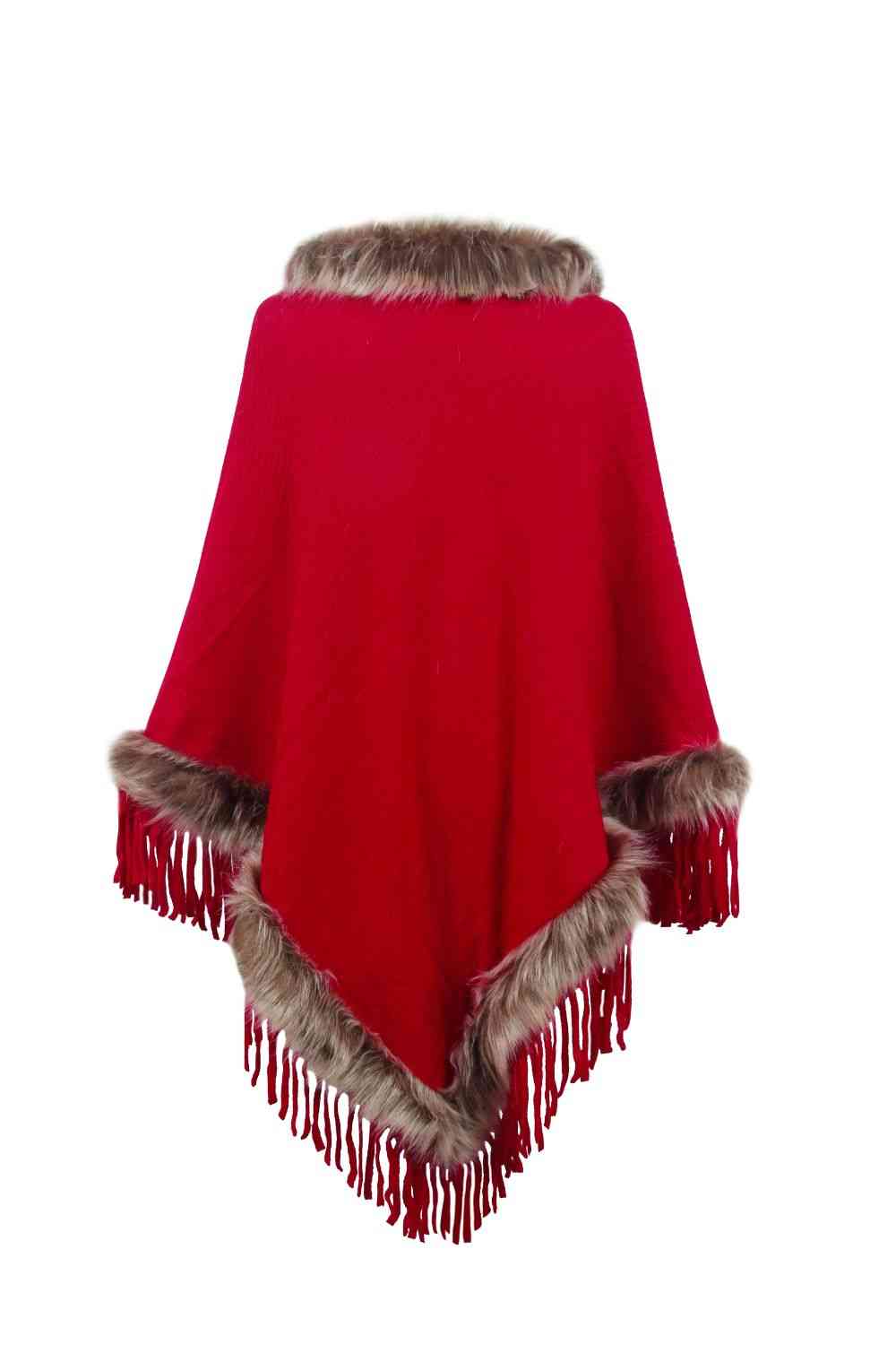 Faux Fur Trim Fringed Poncho - Premium   - Just $42.95! Shop now at LACEDUPED