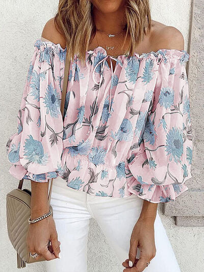 Floral Off-Shoulder Flounce Sleeve Blouse - Premium   - Just $40.95! Shop now at LACEDUPED