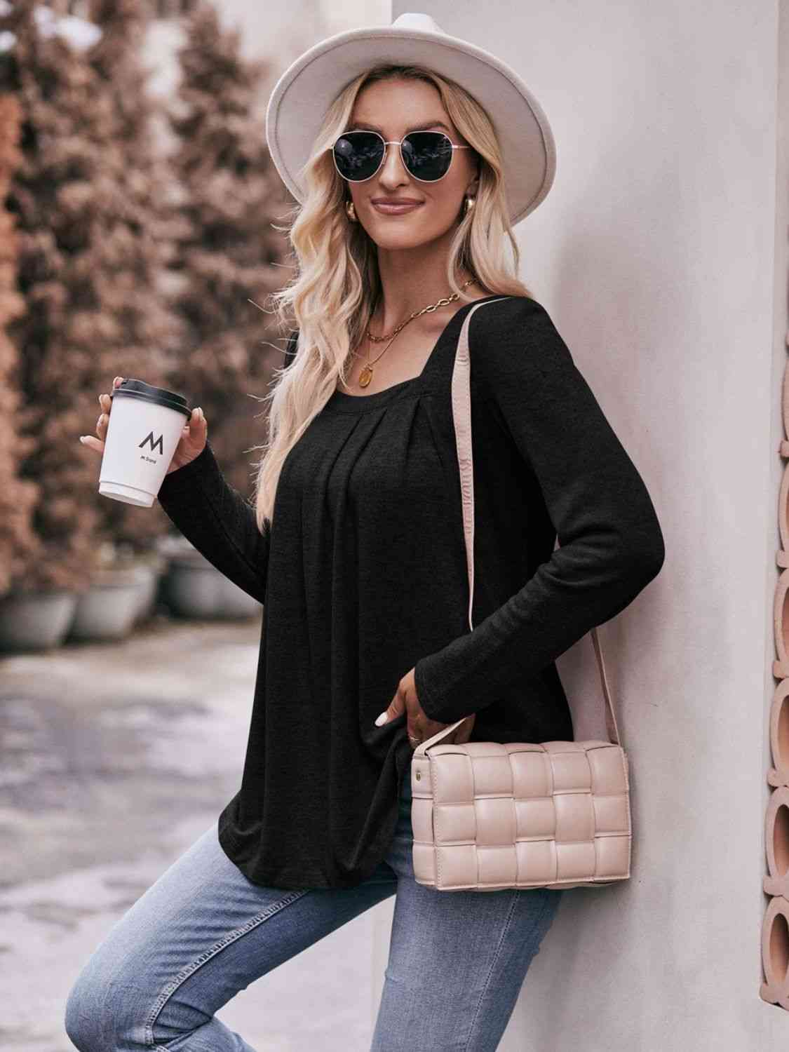 Double Take Pleated Detail Curved Hem Long Sleeve Top - Premium   - Just $36.95! Shop now at LACEDUPED