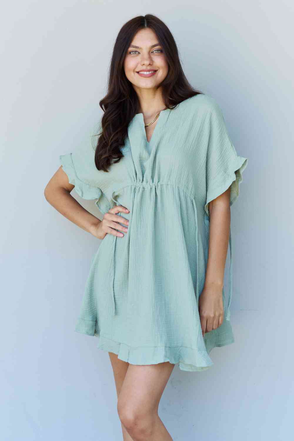 Ninexis Out Of Time Full Size Ruffle Hem Dress with Drawstring Waistband in Light Sage - Premium   - Just $27.95! Shop now at LACEDUPED