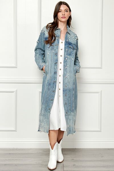 Veveret Full Size Distressed Raw Hem Pearl Detail Button Up Jacket - Premium   - Just $107.95! Shop now at LACEDUPED