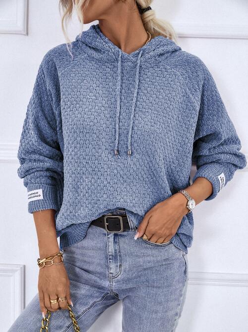 Texture Drawstring Long Sleeve Hooded Sweater - Premium   - Just $51.95! Shop now at LACEDUPED