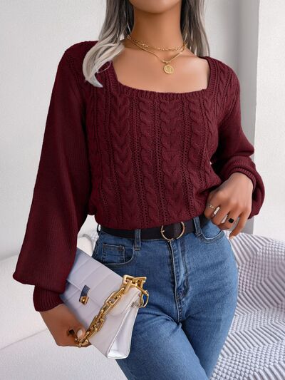 Cable-Knit Square Neck Long Sleeve Sweater - Premium   - Just $41.95! Shop now at LACEDUPED