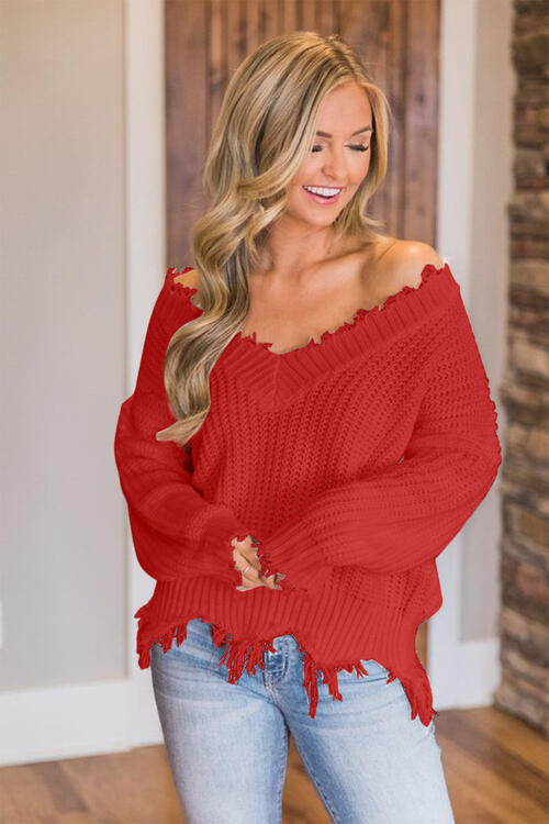 Frayed Hem Dropped Shoulder Sweater - Premium   - Just $43.95! Shop now at LACEDUPED