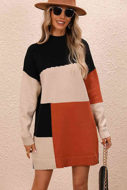 Color Block Mock Neck Dropped Shoulder Sweater Dress - Premium   - Just $48.76! Shop now at LACEDUPED