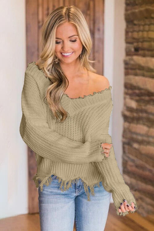 Frayed Hem Dropped Shoulder Sweater - Premium   - Just $43.95! Shop now at LACEDUPED