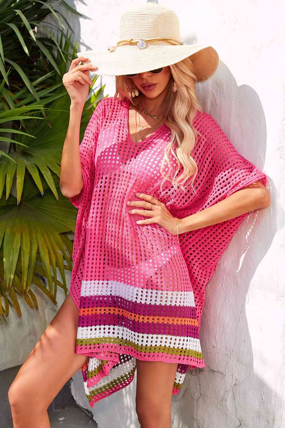 Rainbow Stripe Openwork Slit Cover-Up - Premium   - Just $43.95! Shop now at LACEDUPED