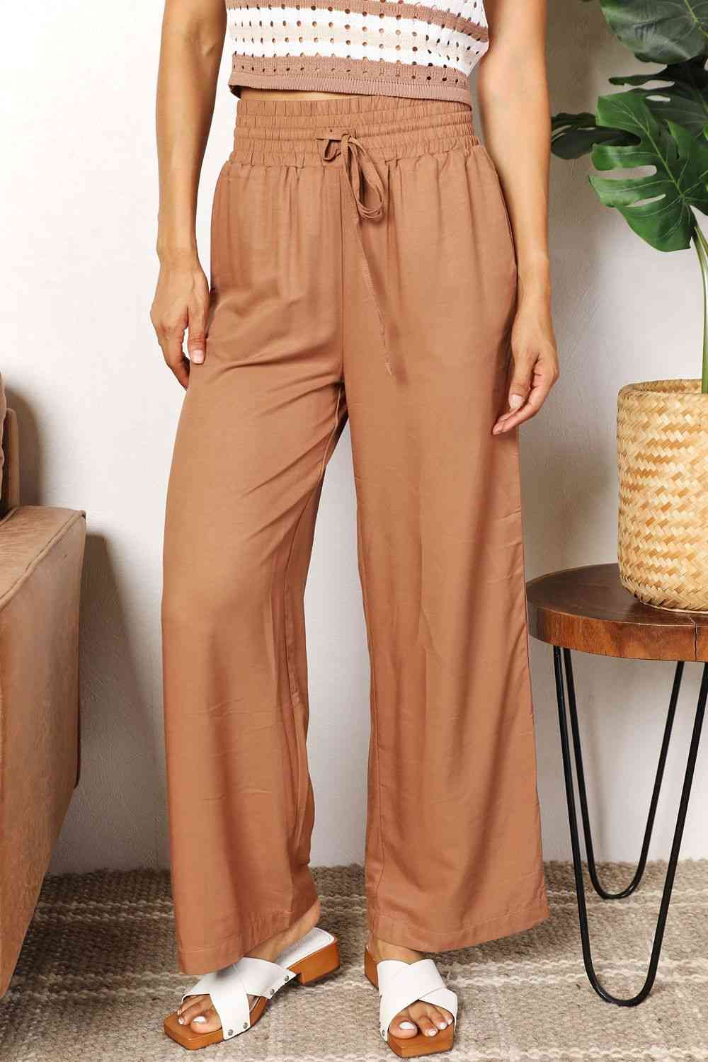 Double Take Drawstring Smocked Waist Wide Leg Pants - Premium   - Just $44.95! Shop now at LACEDUPED