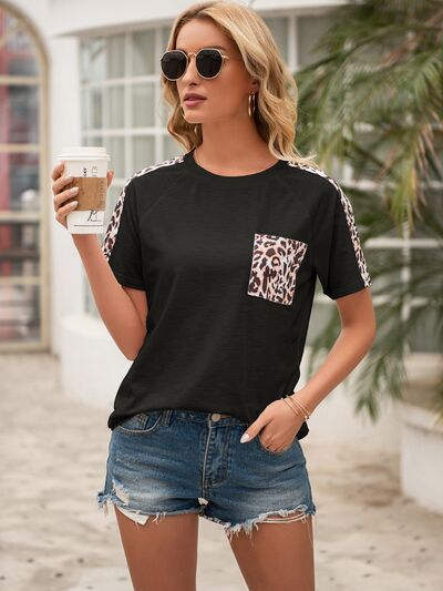 Pocketed Leopard Round Neck Short Sleeve T-Shirt - Premium   - Just $28.95! Shop now at LACEDUPED