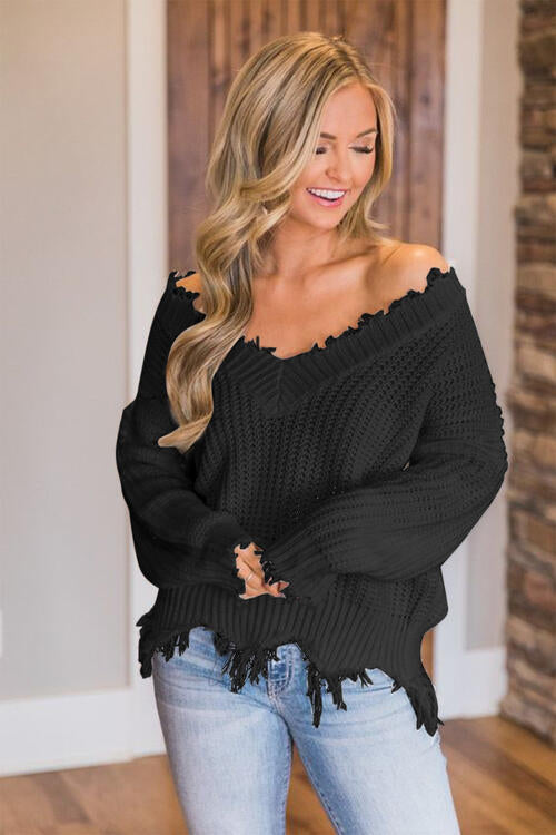 Frayed Hem Dropped Shoulder Sweater - Premium   - Just $43.95! Shop now at LACEDUPED