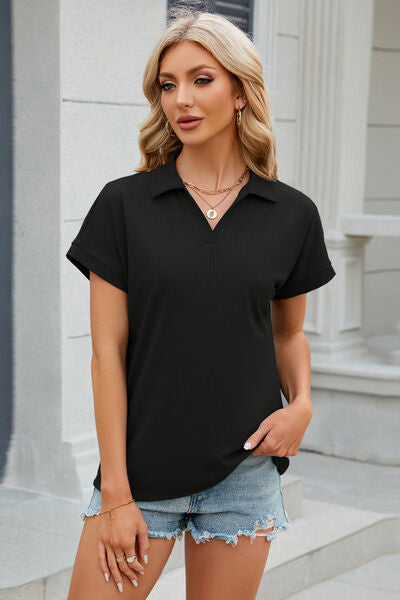 Johnny Collar Short Sleeve Blouse - Premium   - Just $31.95! Shop now at LACEDUPED