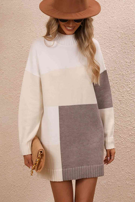 Color Block Mock Neck Dropped Shoulder Sweater Dress - Premium   - Just $48.76! Shop now at LACEDUPED