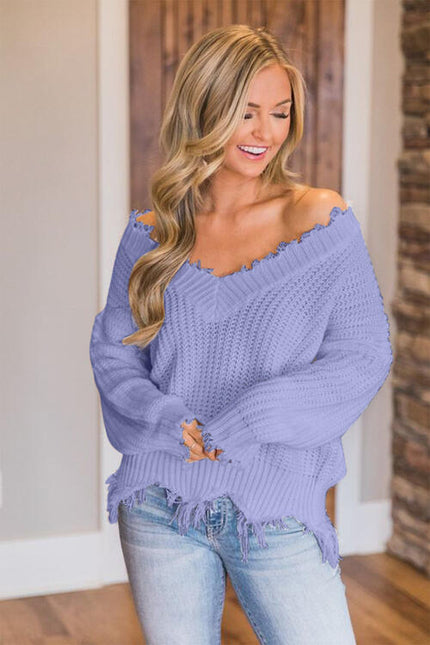 Frayed Hem Dropped Shoulder Sweater - Premium   - Just $43.95! Shop now at LACEDUPED