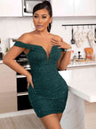 Glitter Ruched Off-Shoulder Bodycon Dress - Premium   - Just $54.95! Shop now at LACEDUPED