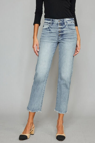 Kancan High Waist Button Fly Raw Hem Cropped Straight Jeans - Premium   - Just $79.95! Shop now at LACEDUPED