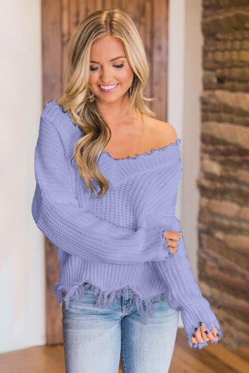 Frayed Hem Dropped Shoulder Sweater - Premium   - Just $43.95! Shop now at LACEDUPED