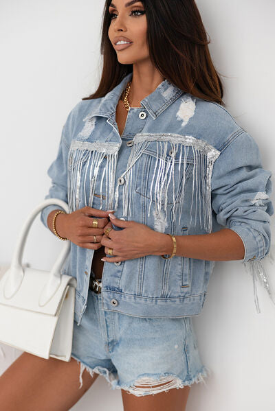 Sequin Fringe Trim Distressed Button Up Denim Jacket - Premium   - Just $101.95! Shop now at LACEDUPED