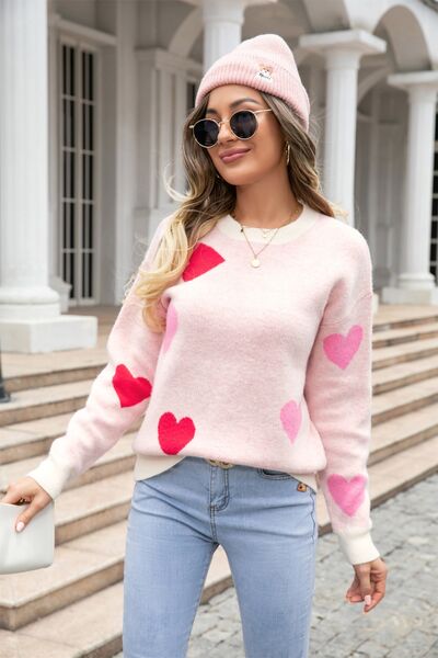 Heart Round Neck Droppped Shoulder Sweater - Premium   - Just $53.95! Shop now at LACEDUPED