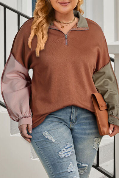 Plus Size Exposed Seam Color Block Quarter Zip Sweatshirt - Premium   - Just $56.95! Shop now at LACEDUPED