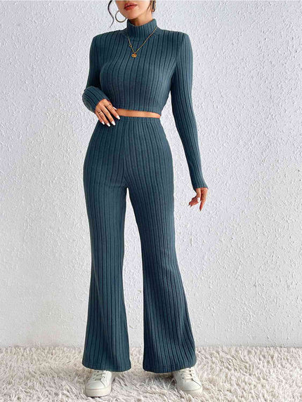 Ribbed Mock Neck Cropped Sweater & High Waist Pants Set - Premium   - Just $43.95! Shop now at LACEDUPED