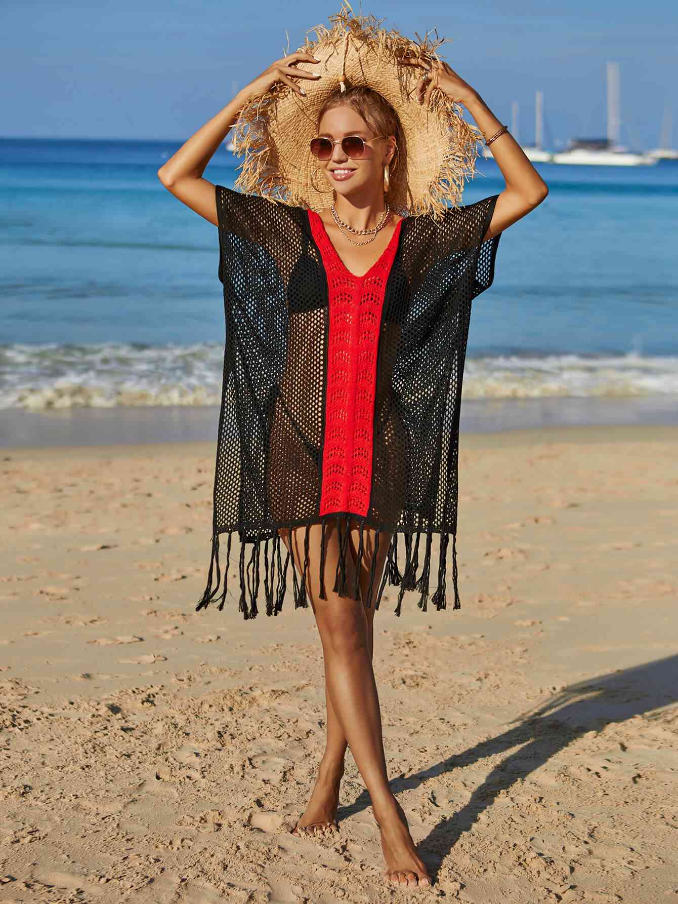 Contrast Fringe Trim Openwork Cover-Up Dress - Premium   - Just $49.95! Shop now at LACEDUPED