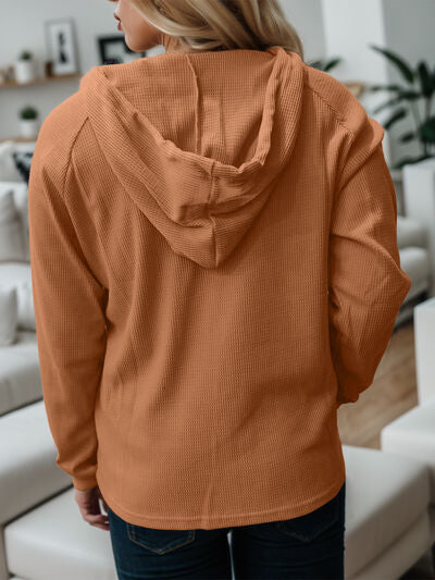 Waffle-Knit Drawstring Quarter Button Hoodie - Premium   - Just $34.95! Shop now at LACEDUPED