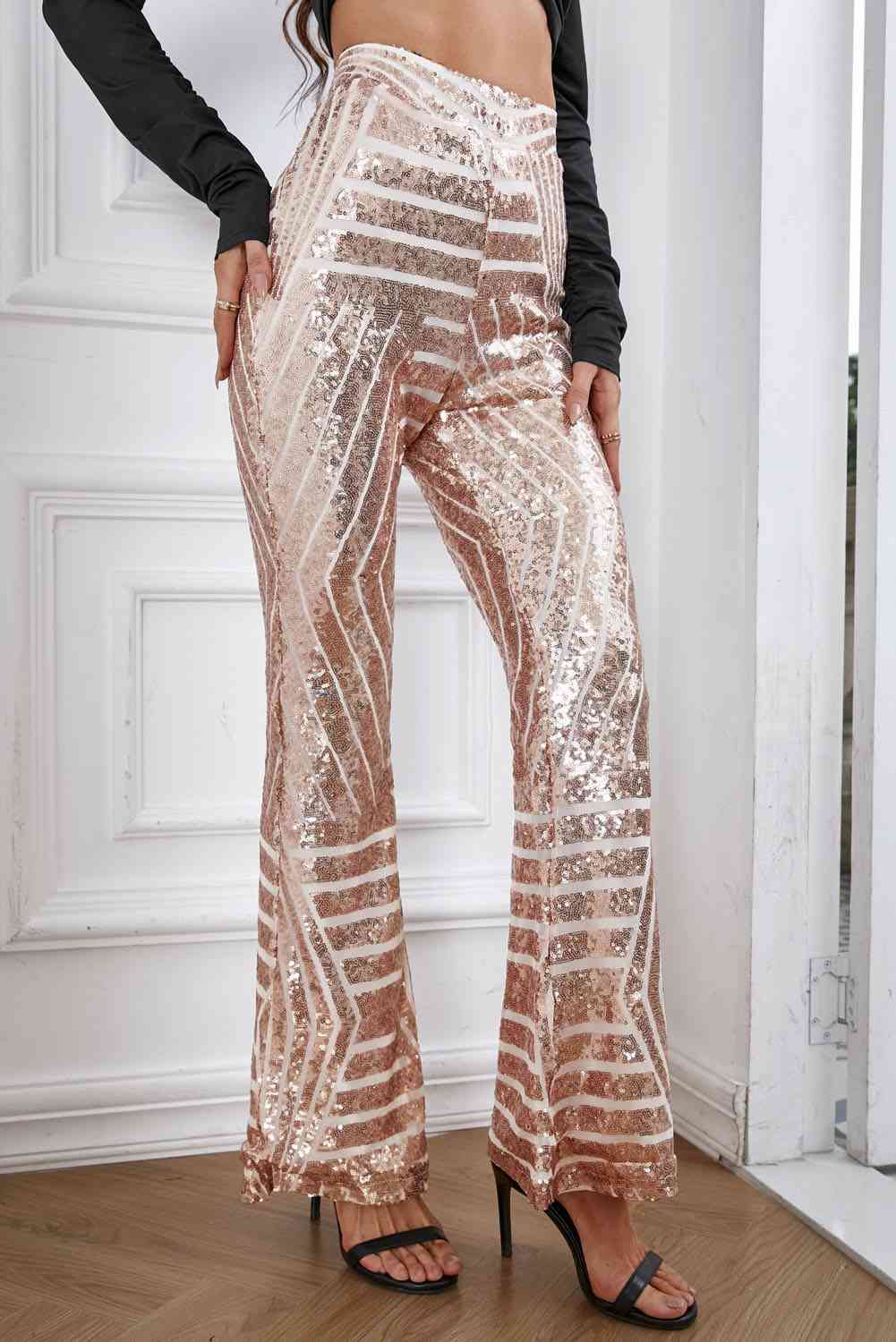 Double Take Sequin High Waist Flared Pants - Premium   - Just $78.95! Shop now at LACEDUPED