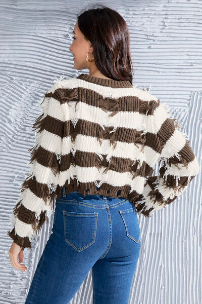 Striped Fringe Round Neck Sweater - Premium   - Just $48.95! Shop now at LACEDUPED