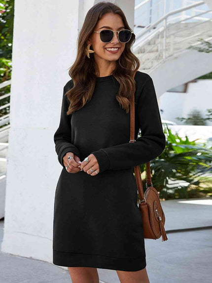 Round Neck Long Sleeve Mini Dress with Pockets - Premium   - Just $28.95! Shop now at LACEDUPED