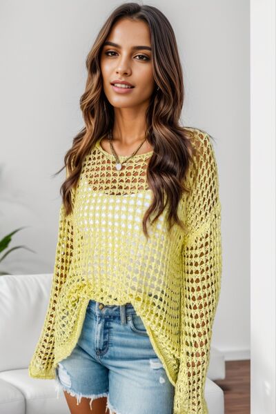 Openwork Round Neck Dropped Shoulder Knit Top - Premium   - Just $47.95! Shop now at LACEDUPED