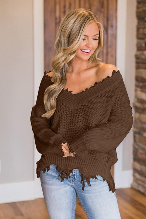 Frayed Hem Dropped Shoulder Sweater - Premium   - Just $43.95! Shop now at LACEDUPED