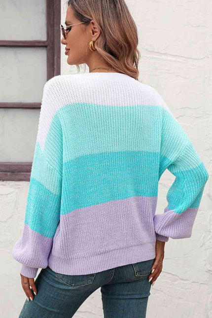 Round Neck Color Block Ribbed Pullover Sweater - Premium   - Just $59.95! Shop now at LACEDUPED