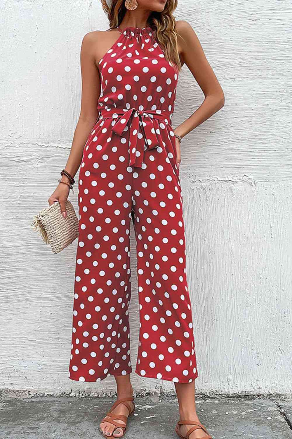 Polka Dot Grecian Wide Leg Jumpsuit - Premium   - Just $43.95! Shop now at LACEDUPED