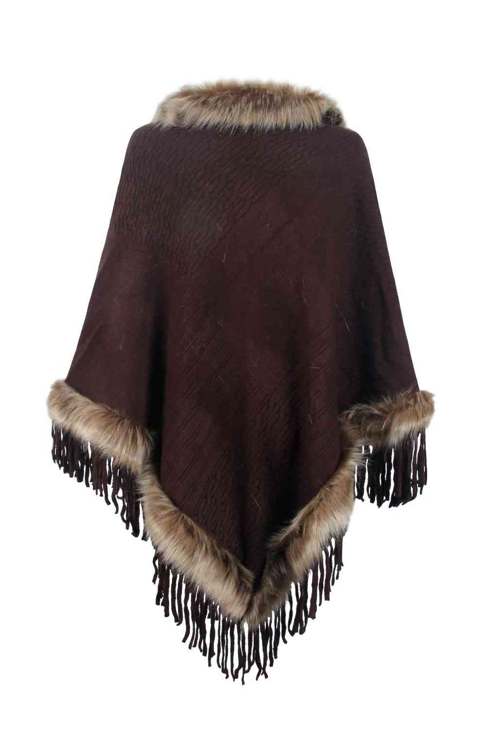 Faux Fur Trim Fringed Poncho - Premium   - Just $42.95! Shop now at LACEDUPED