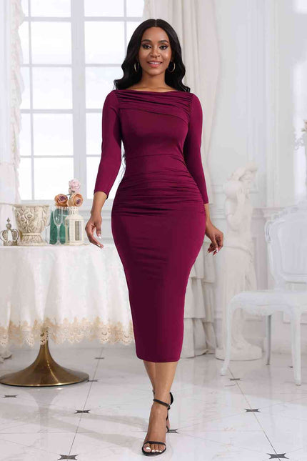 Ruched Boat Neck Midi Dress - Premium   - Just $39.95! Shop now at LACEDUPED